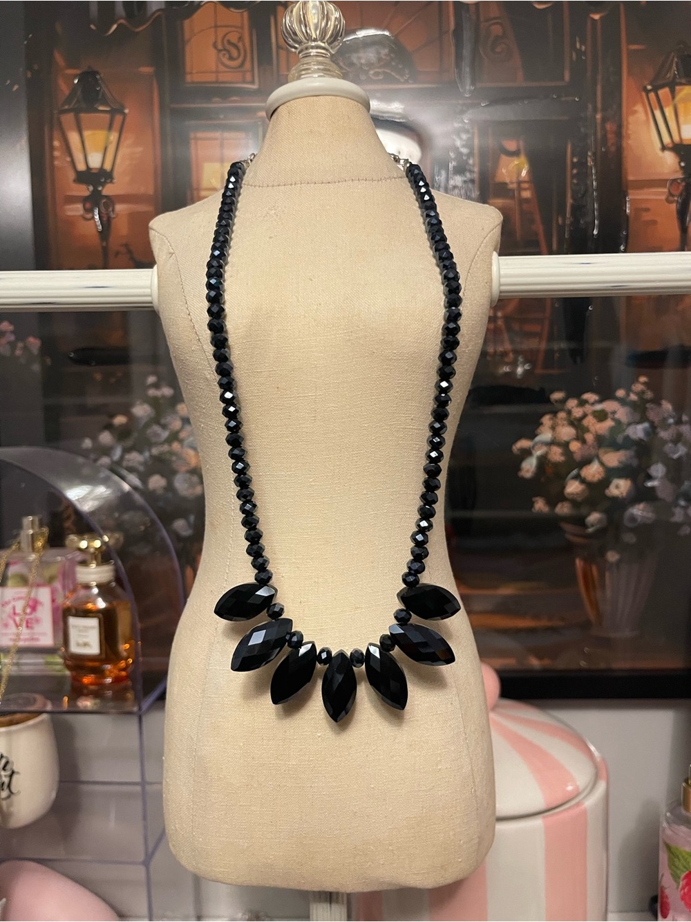 Statement Black Faceted Bead Necklace for Women
